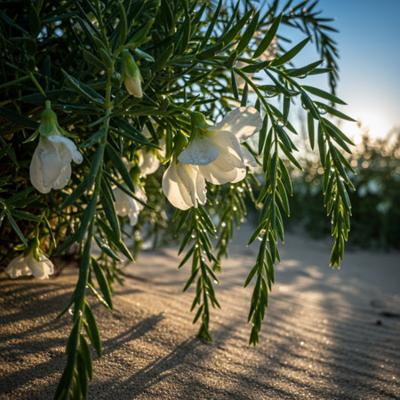 White flowers of oleander growing in the desert on a sunny dayの素材