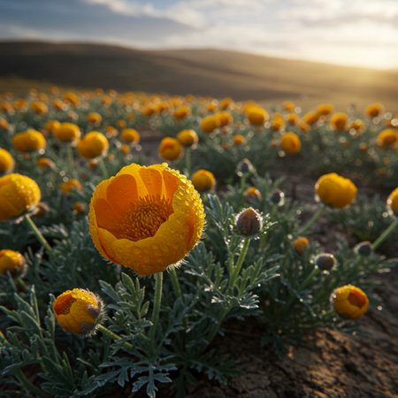 Yellow poppies in the field at sunset. Tuscany, Italyの素材