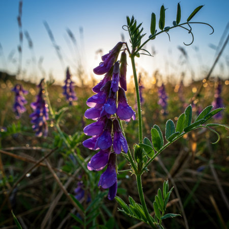 Beautiful lupine flowers in the meadow at sunset.の素材