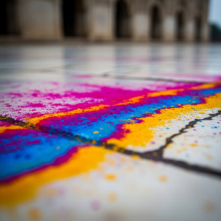 Colorful rainbow paint on the floor of a mosque. Selective focus.の素材
