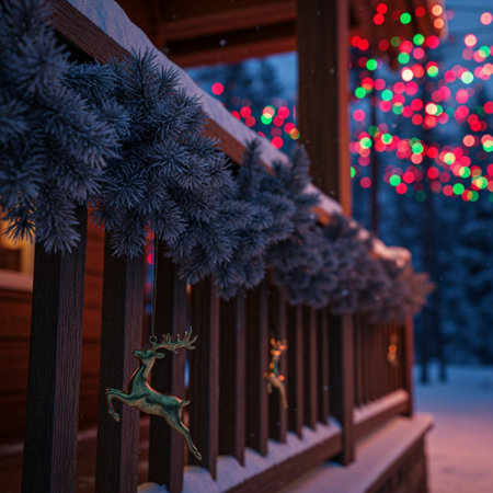 Christmas decoration on the porch of a wooden house in the winter forestの素材