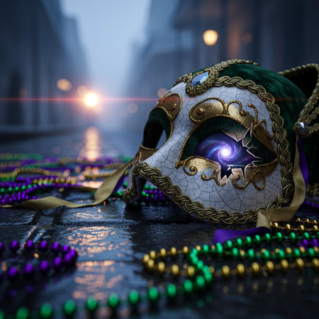 Traditional Venetian carnival mask with golden ornaments and beads.の素材