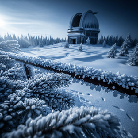 Winter landscape with a view of the planetarium in the mountains.の素材
