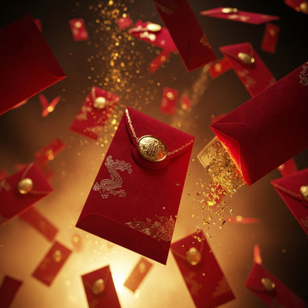 Chinese New Year background with red envelopes and confetti. 3D renderingの素材