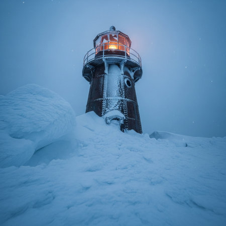 Lighthouse in the snow on a foggy day. Winter landscape.の素材