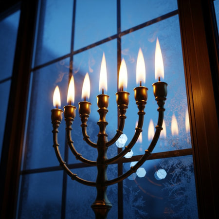 Hanukkah menorah with burning candles against the background of the windowの素材