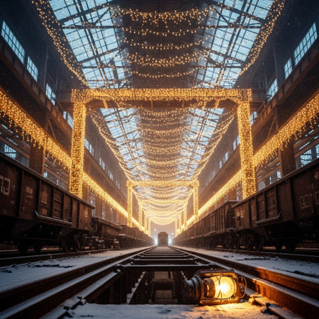 Railway station in the winter. Christmas lights on the rails.の素材