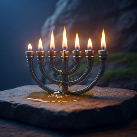 Religion image of jewish holiday Hanukkah background with menorah (traditional candelabra) and candlesの素材