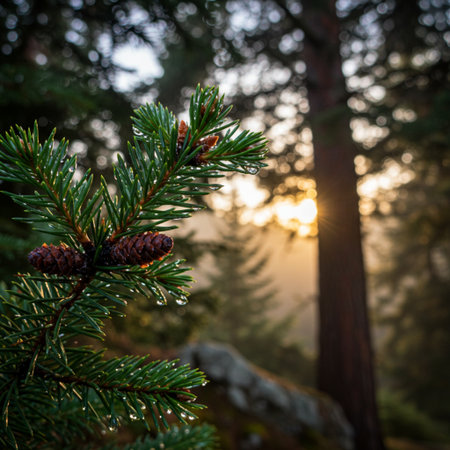 Pine tree branch with dew drops on the background of the sunsetの素材