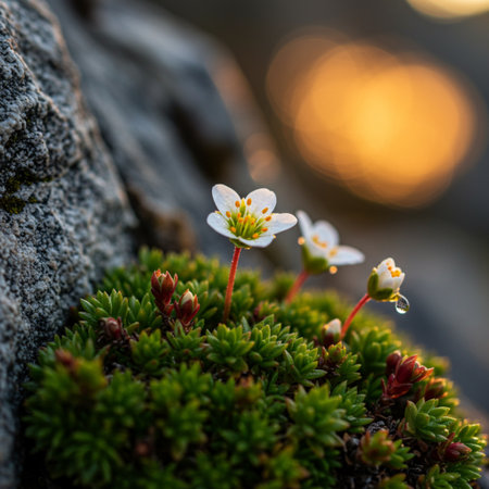 Little white flowers on a rock in the evening sun. Shallow depth of fieldの素材