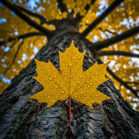 Yellow maple leaf on a tree trunk with water drops in autumn forestの素材
