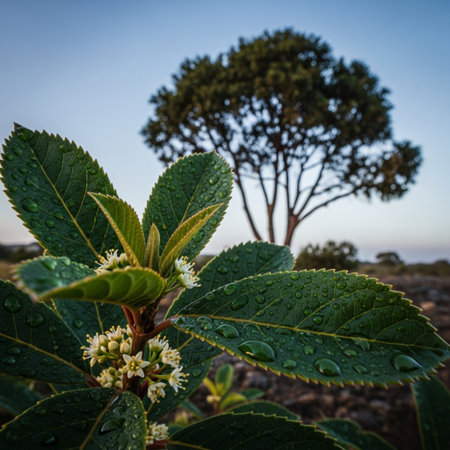 Closeup of a tree in the background with water drops on the leavesの素材
