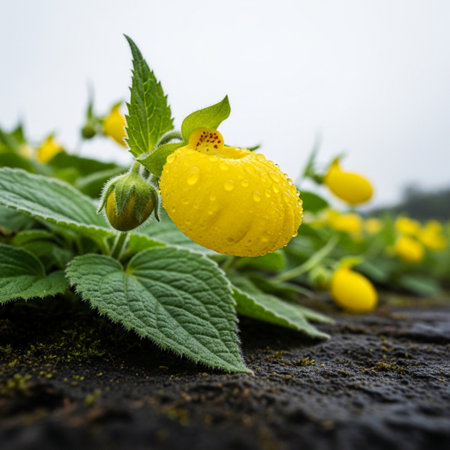 yellow flower with water drop on the ground with green leaf background.の素材