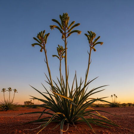 Agave americana in the desert at sunset, arid landscapeの素材