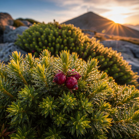 Cranberries on the top of a mountain in the mountains at sunset.の素材