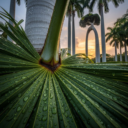 Palm tree in the garden with a beautiful sunset in the backgroundの素材
