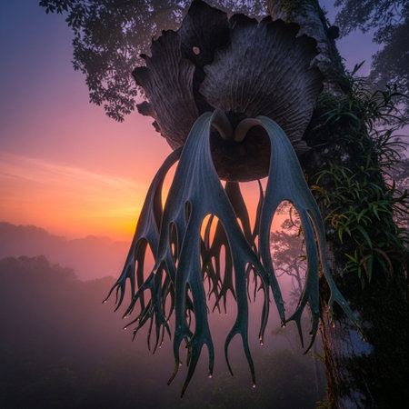 Giant fern in the rainforest at sunrise, Thailand.の素材