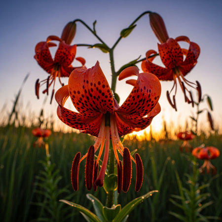 Lilium lancifolium in a field at sunsetの素材