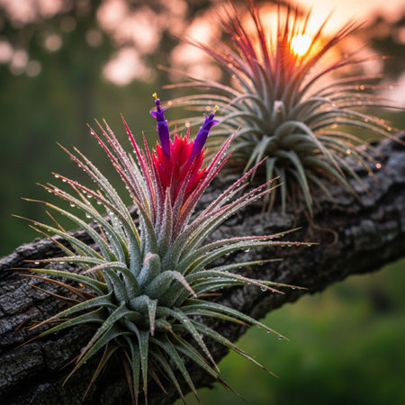 Pineapple flower on a branch at sunset, Bromeliad.の素材