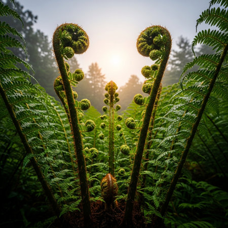 Ferns in the forest at sunrise. Beautiful nature background.の素材