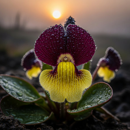 Beautiful pansy flower with dew drops in the morning lightの素材