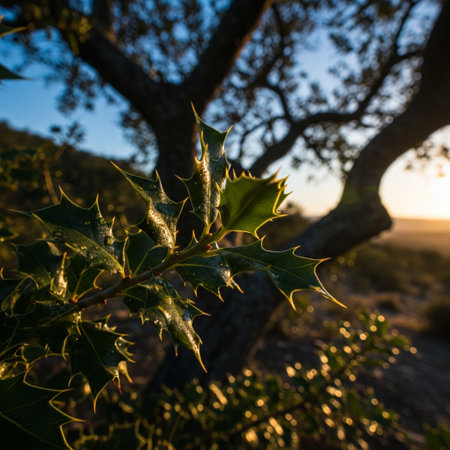 Holly berry leaves at sunset in the Mojave Desert, Californiaの素材