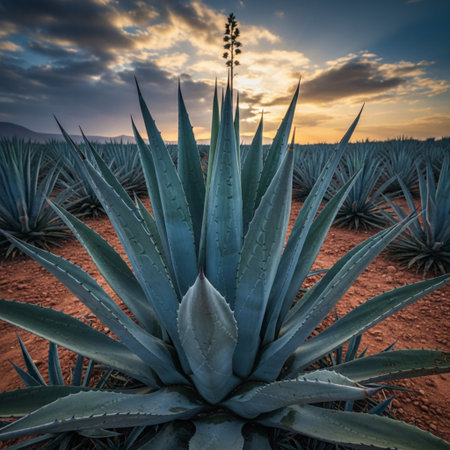 Agave cactus at sunset in Aloe Vera plantation, Andalusia, Spainの素材