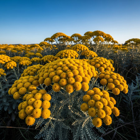 Yellow tansy flowers in the field at sunset, close upの素材