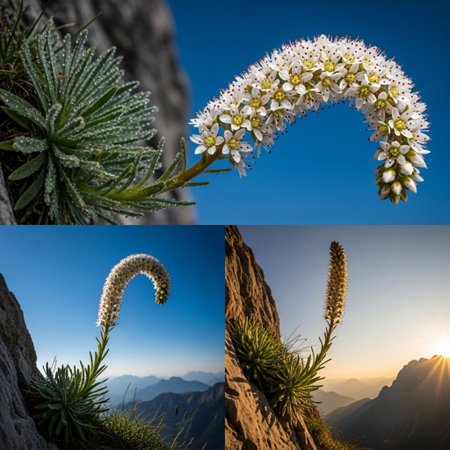 collage of alpine plants in the mountains, close-upの素材
