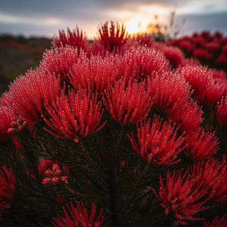 Red flower of Callistemon citrinus in the garden at sunsetの素材