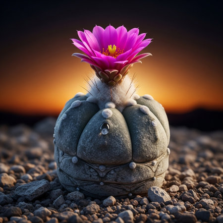 Cactus with pink flower in the desert at sunset. 3D Renderingの素材