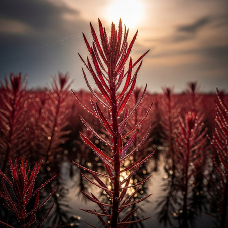 A closeup shot of a red plant with dew on itの素材