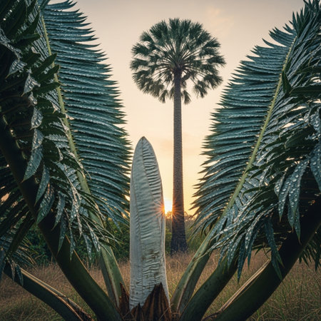 Palm trees in a field at sunset, Bali island, Indonesiaの素材