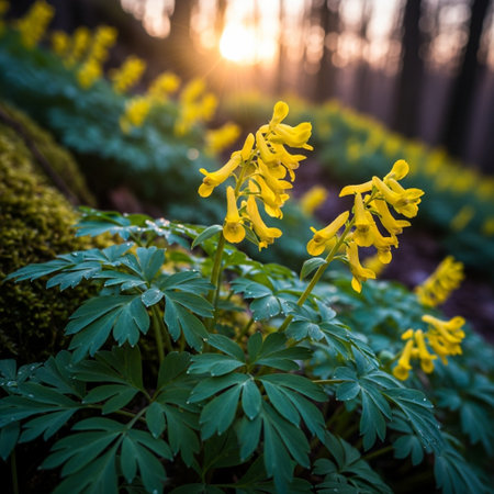 Yellow flowers of Corydalis cava in the forest at sunriseの素材