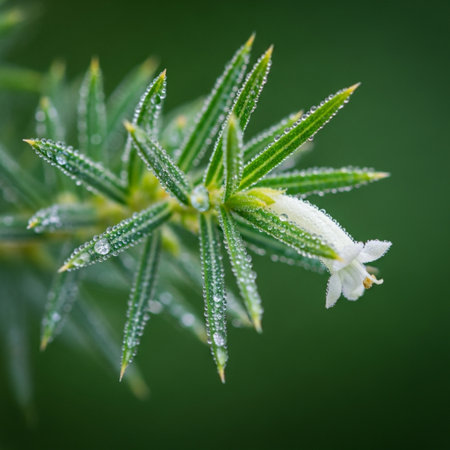 Close up of a small white flower with dew drops on green backgroundの素材