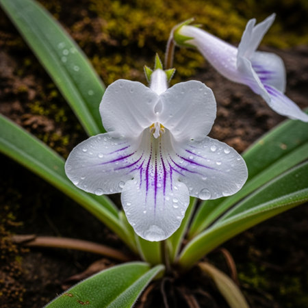 Close up of a white flower with raindrops on the petalsの素材