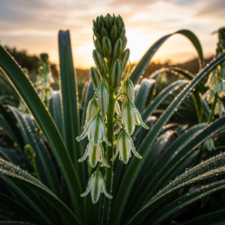 Close up of blooming agave plant with dew drops.の素材