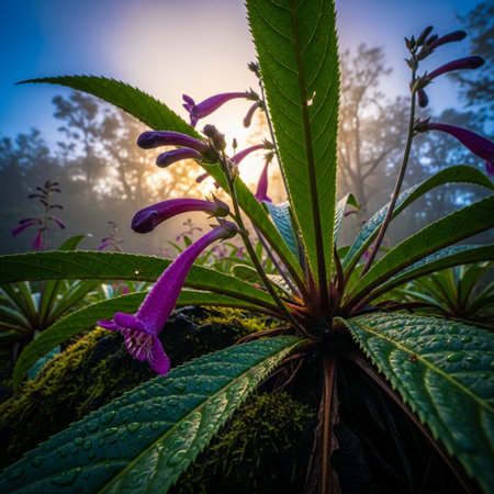 Beautiful purple flowers in the forest at sunrise. Natural background.の素材