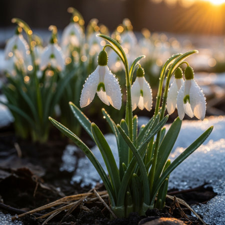 Snowdrop flowers (Galanthus nivalis) in the snowの素材