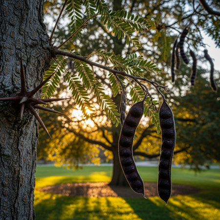 Seed pods of carob tree in the park at sunset.の素材