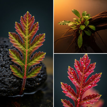 Collage of three photos of a young plant on a dark background.の素材