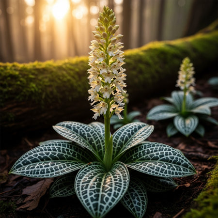 Beautiful wild orchid in the forest at sunset. Nature backgroundの素材