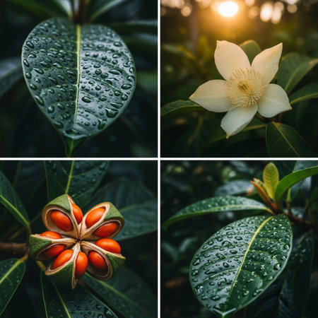 Collage of tropical flowers with water drops on green leaves. Natural background.の素材