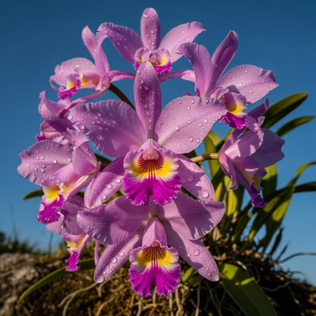 Purple orchid with water drops on a blue sky background.の素材