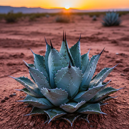 Aloe vera plant in the desert at sunset, beautiful nature backgroundの素材