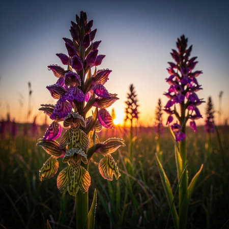 Wild orchids blooming in the field at sunset. Natural backgroundの素材