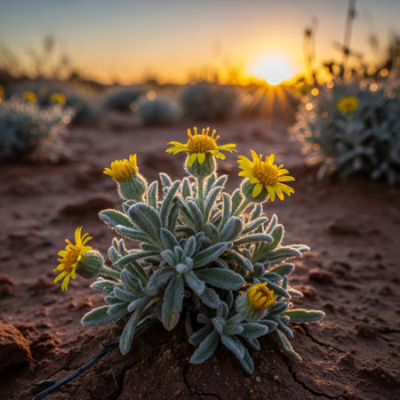 Cactuses with yellow flowers in the desert at sunset, Namibiaの素材