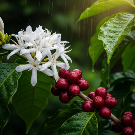 Coffee beans ripening on a tree in the rain.の素材