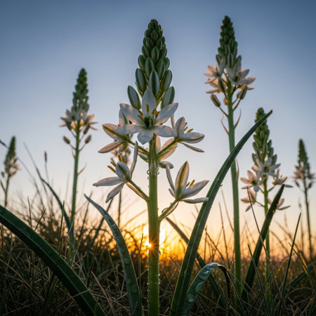 Beautiful white flowers of Hyacinth (Hyacinthus scandiacus) in the sunset.の素材