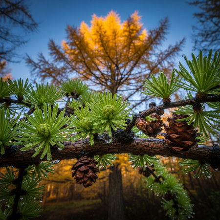 Pine tree branch with cones in the forest. Beautiful background.の素材